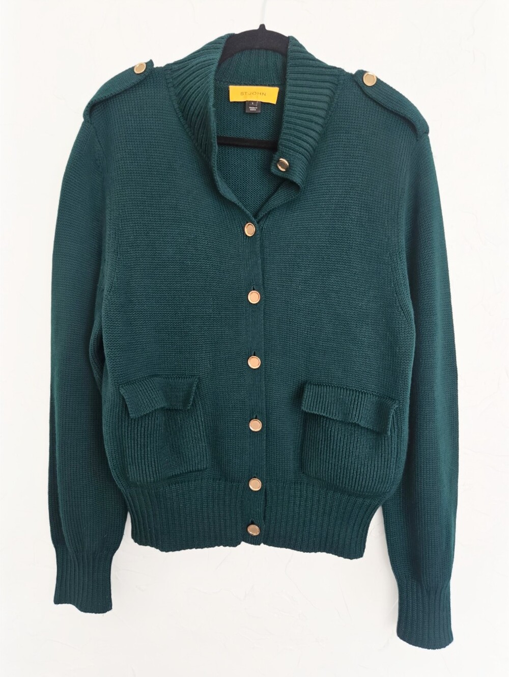 ST. JOHN Green Wool Knit Gold Button Sweater, L